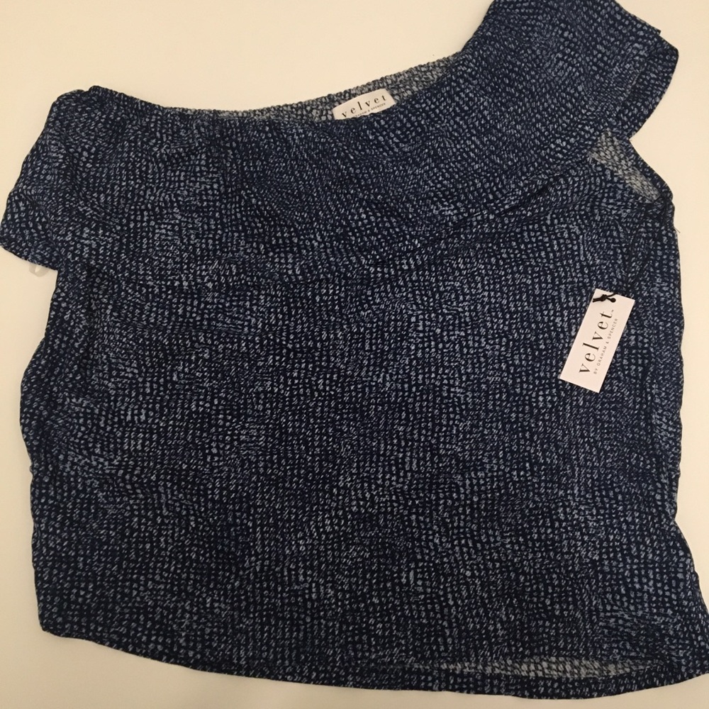 flowy one shoulder patterned blue top from velvet